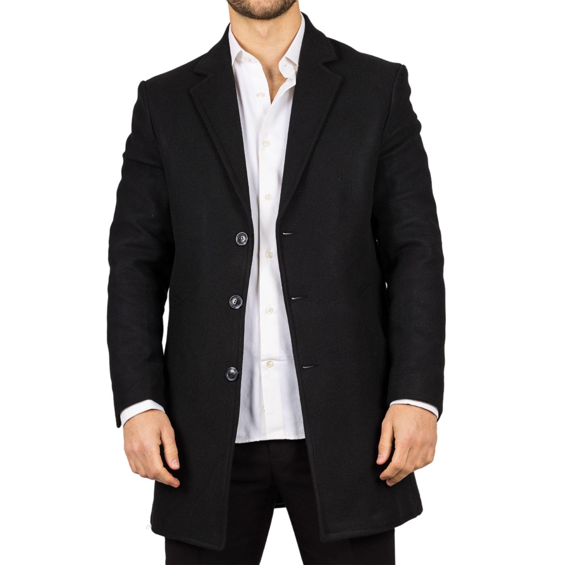 Truclothing Men's Black Overcoat Notched Lapel Collar Wool Blend Classic Trench Coat Winter Jacket - 3XL