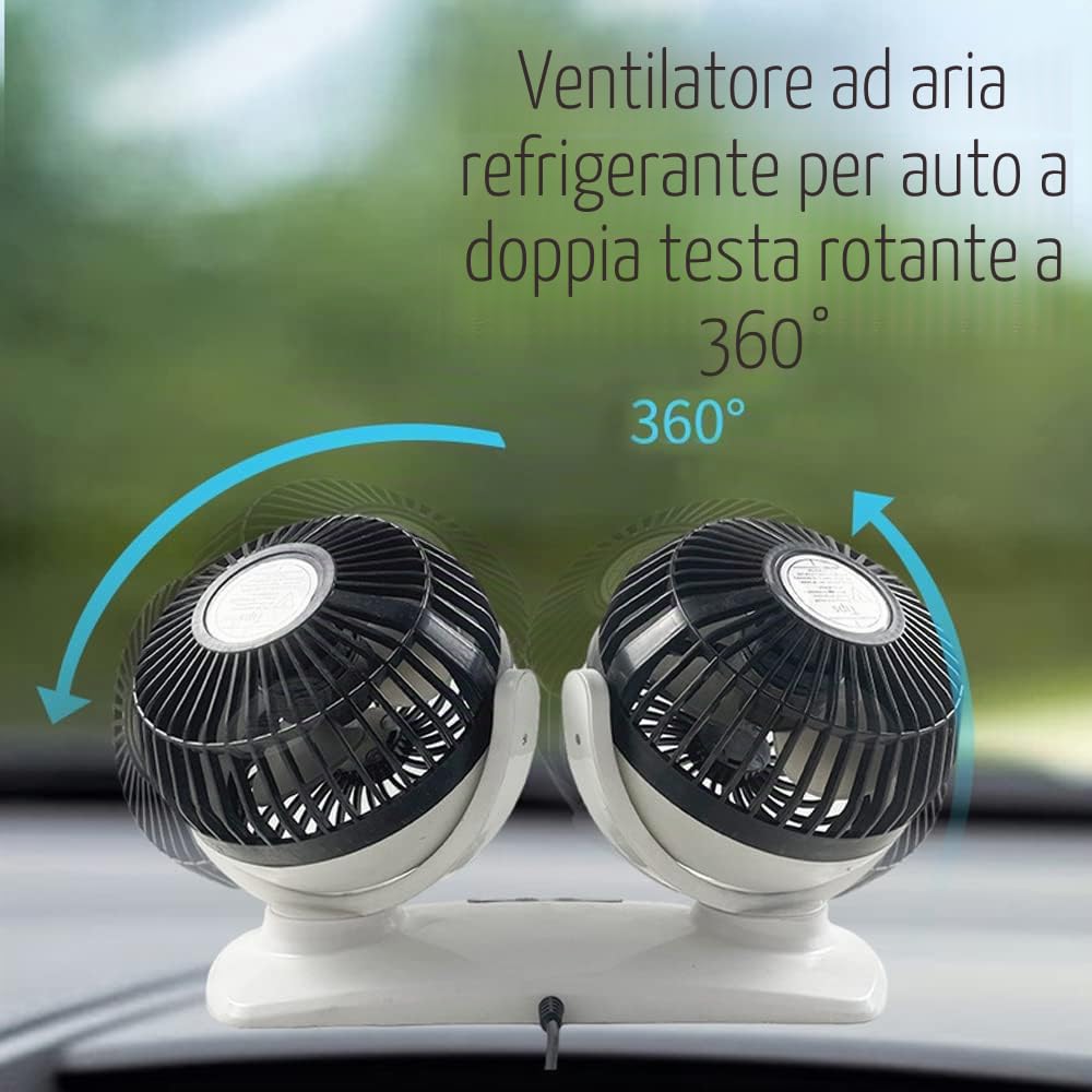 Baceyong Ventilatore Auto Doppia Testa 12V/24V, Rotazione 360° | Doppia testa girevole a 360°, 2 velocità, display LED, per auto, SUV, camion e camper 12V/24V
