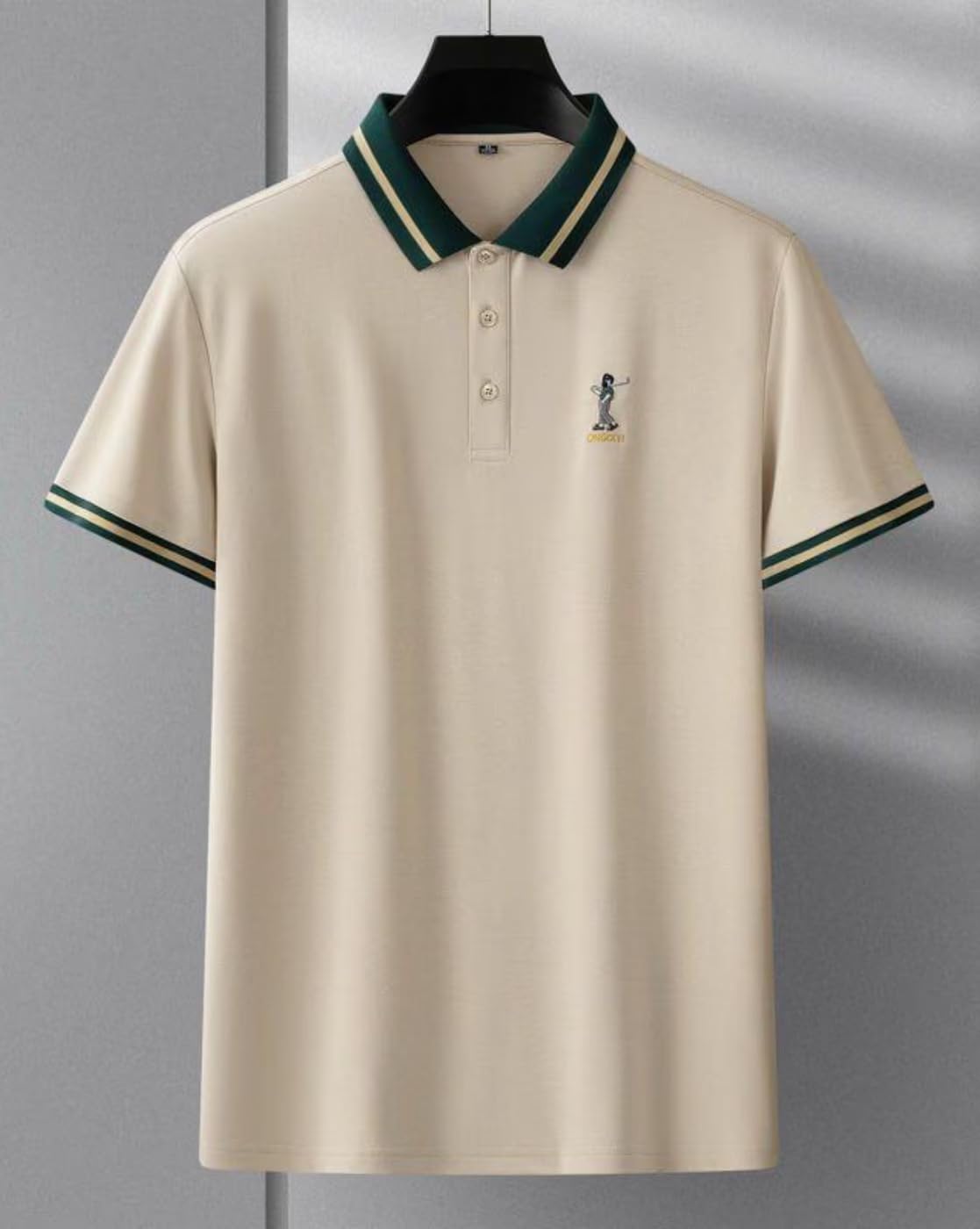 Men's Polo Shirt, Black with Green and Gold Striped Collar, Short Sleeve, Button Front-picture-29