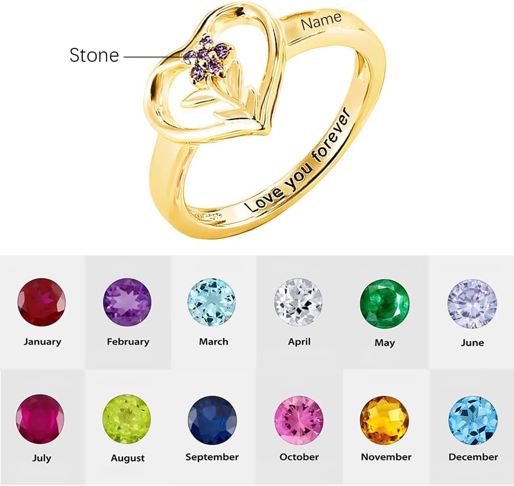 10K 14K 18K Solid Gold Mom Ring Personalized Family Rings with 1-6 Names and Birthstones Heart Custom Name Ring for Mother's Day Christmas Birthday Gift for Grandma Mom Daughter