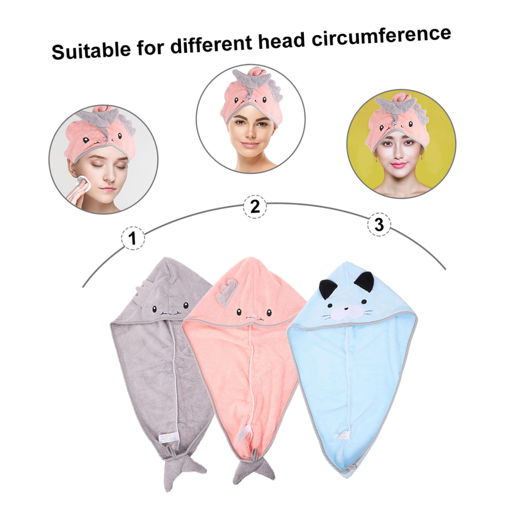 3 Stück Cartoon Mikrofaser Haarturban mit Knopf Schnelltrocknendes Haarhandtuch aus Weichem Fleece für Damen Herren und Leicht Flauschig für Bad Spa Reisen