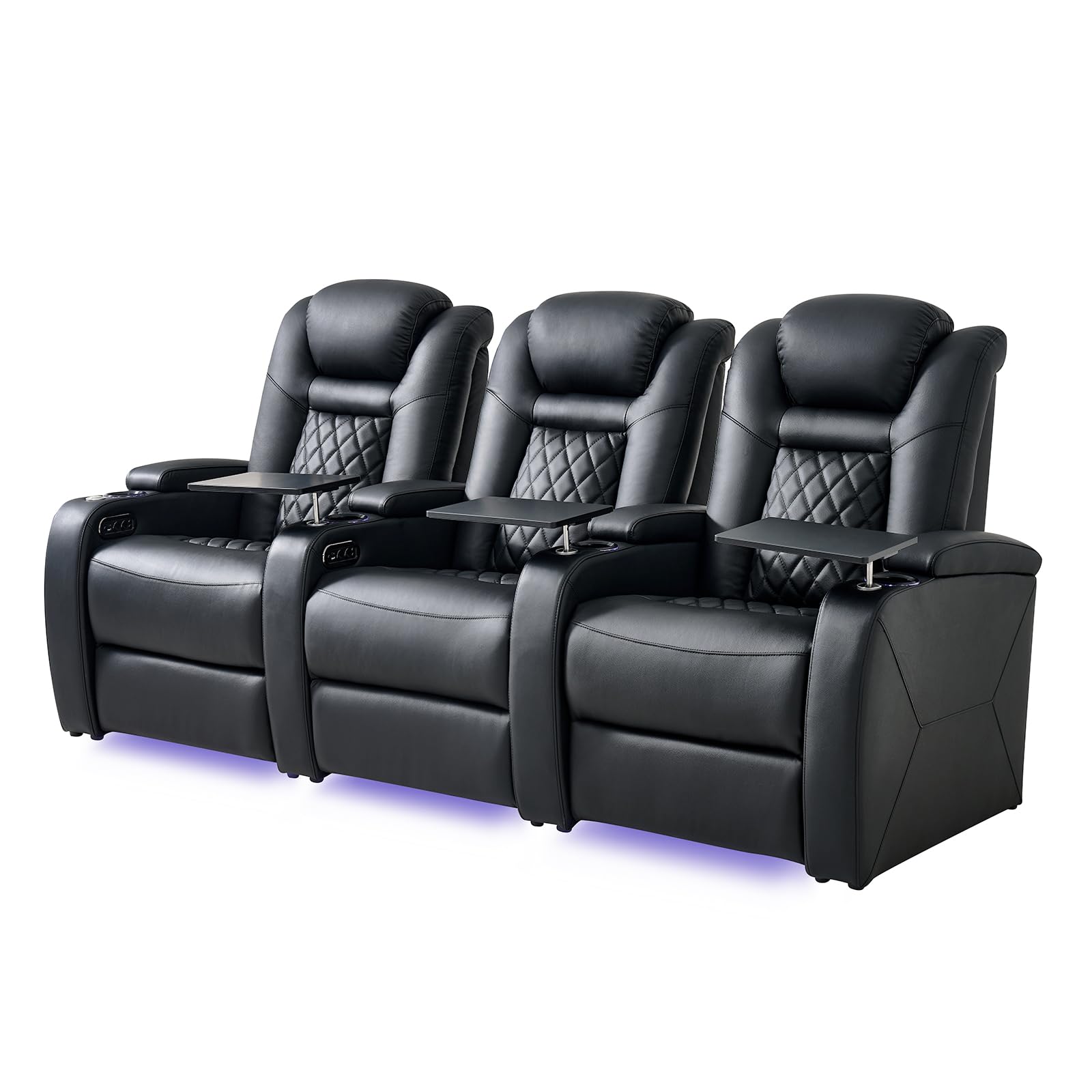 Home Theater Seating, Classic Series Leather Movie Theater Chairs, Power Headrest and Memory with C-Type USB Charger, 7-Color Ambient Lighting and Tray Table, Black Power Adjustable Recliner(Row of 3)