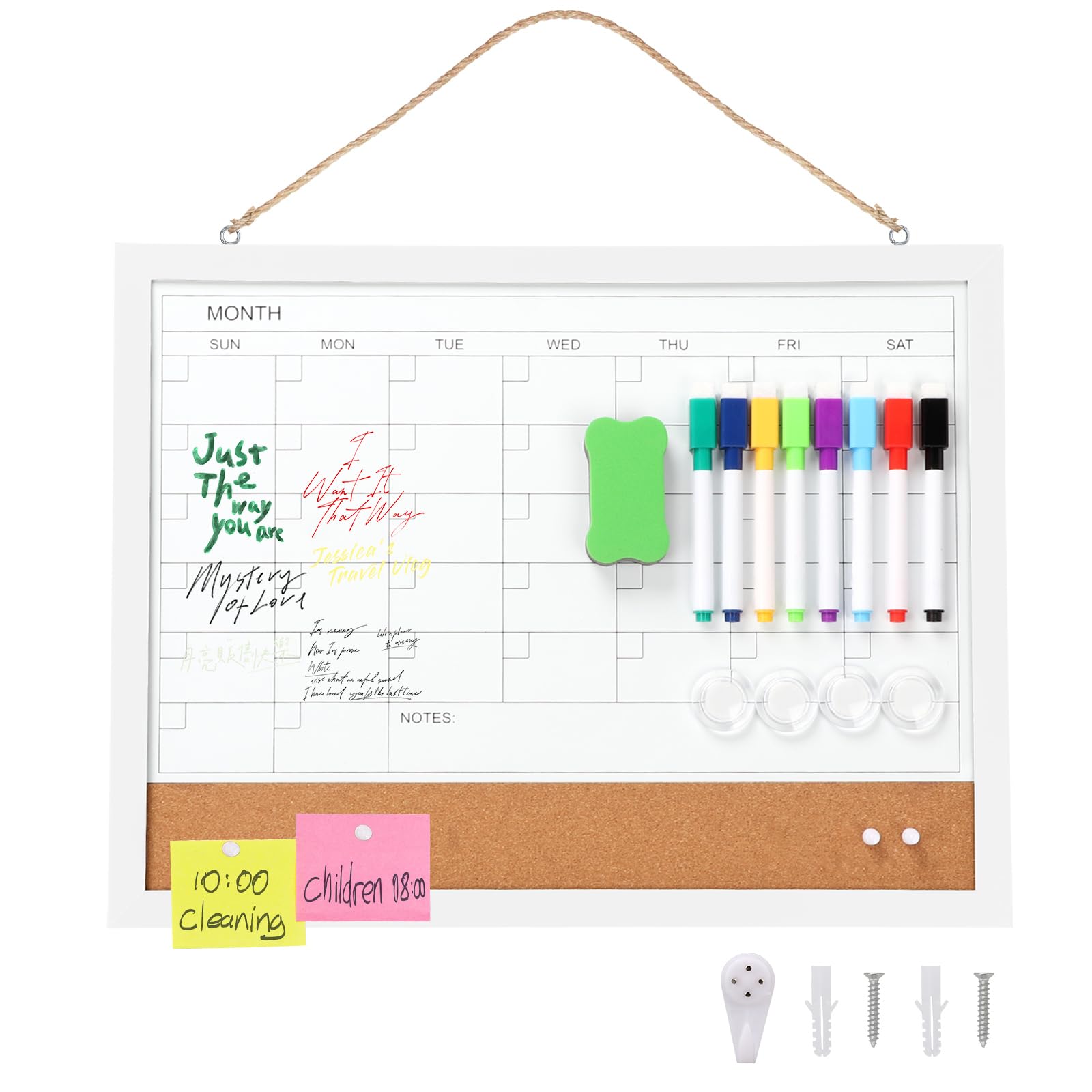 Lavagna bianca e lavagna in sughero magnetica 43 x 33 cm Calendario cancellabile a secco con cornice bianca, lavagna bianca 2 in 1 in sughero, pianificatore da cucina e ufficio