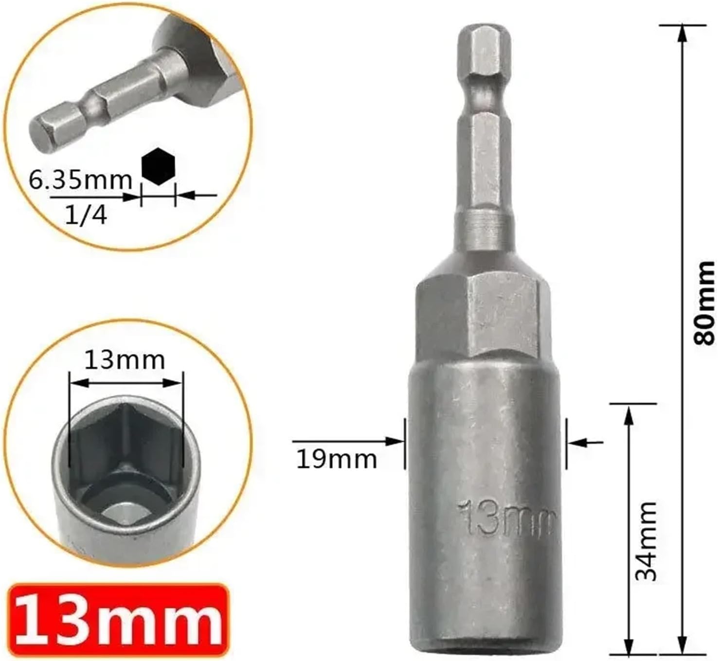 Hexagonal Bit 10pcs 80mm Deepen Nut Driver Drill Bit SetImpact Socket Magnetic Nut Screwdriver Power Tool 6-19mm 1/4” Hex Socket Adapter Nut Wrench For Power Tool(80mmX15mm)