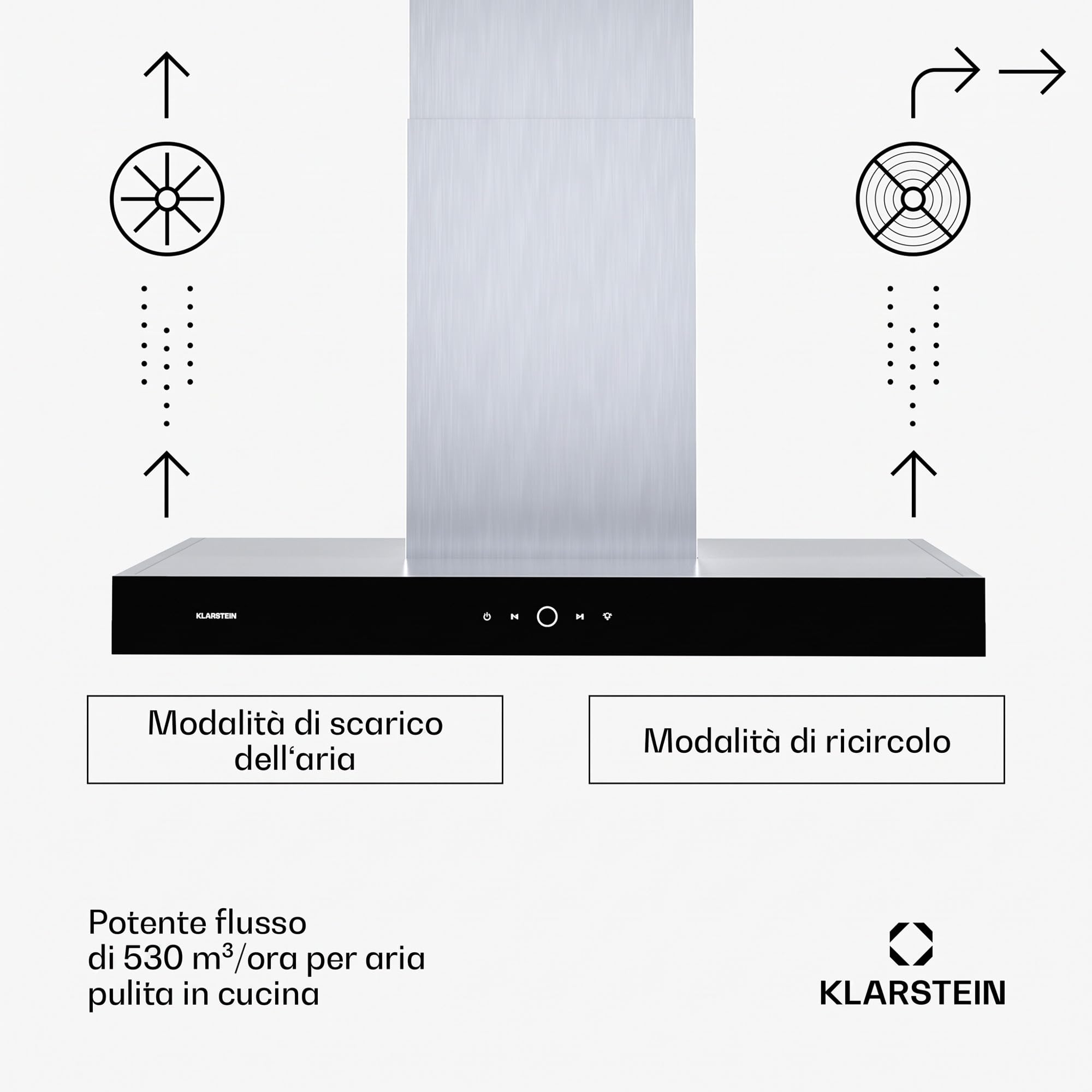 Klarstein SmartEdge Cappa Aspirante - 90cm, 530 m³/h, A+ Efficienza Energetica, Controllo Touch & Wi-Fi, LED, Silenziosa 34 dB, Acciaio Inox, Cappa Cucina