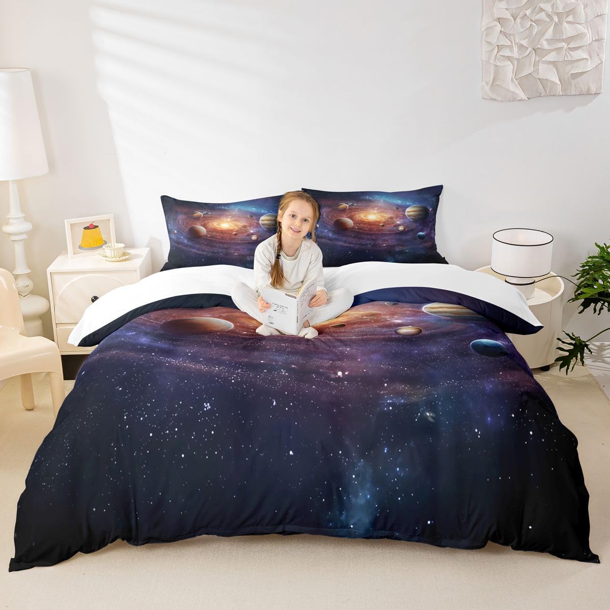 Feelyou Galaxy Planet Printed Duvet Cover King Universe Decor Bedding Duvet Cover Solar System Outer Space Comforter Cover Teens Kids Boys Quilt Cover 3D Starry Sky Series Bedding Set