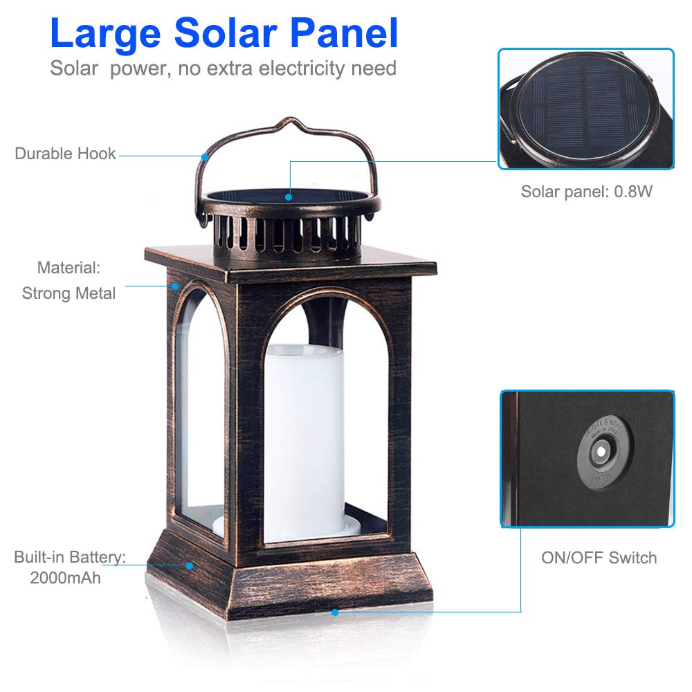 SOLARBABY Luci della Lanterna Solare, Metallo Flickering Flame Outdoor Luci solari a sospensione, Solar Powered Impermeabile Luci della Fiamma LED per Garden Yard Terrace Path (Bronzo, 2pcs Pack)
