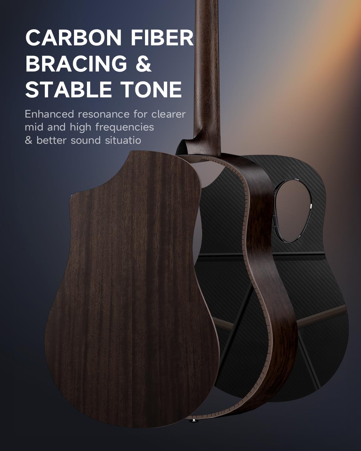 Intern view of the Donner RISING-G2 guitar showing carbon fiber bracing for stable tone.