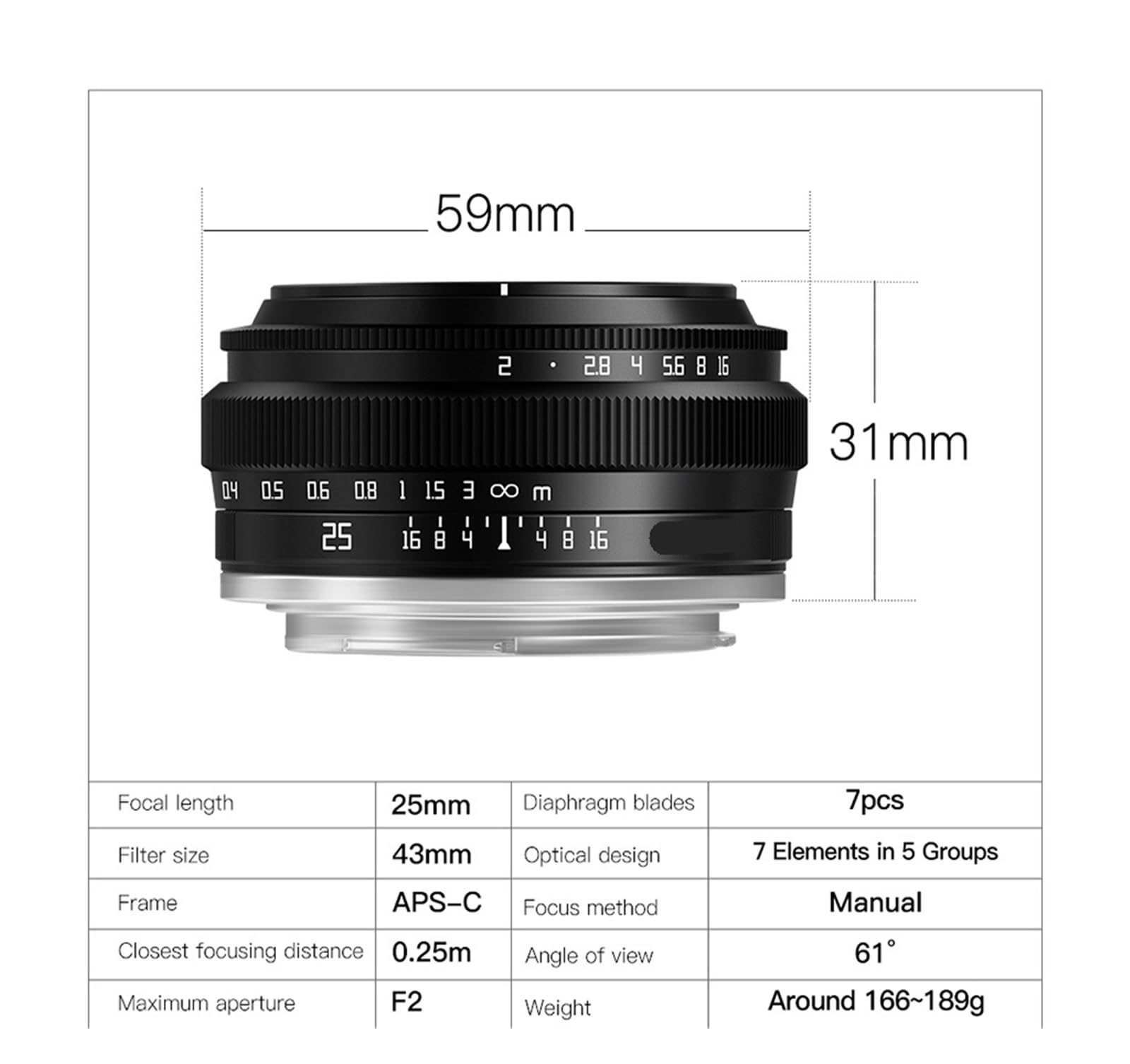 Compatibile con Fuji XF, Obiettivo APS-C MF 25mm F2