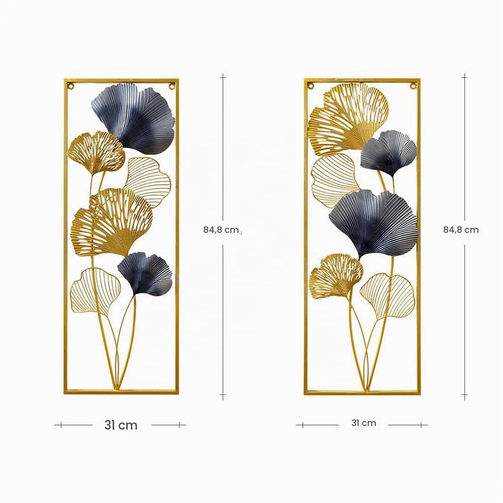 Biggittig Lot de 2 décorations murales 3D en métal - Motif feuilles de ginkgo - Pour la maison, la chambre à coucher, le bureau, etc - Doré - 85 x 31 x 5 cm