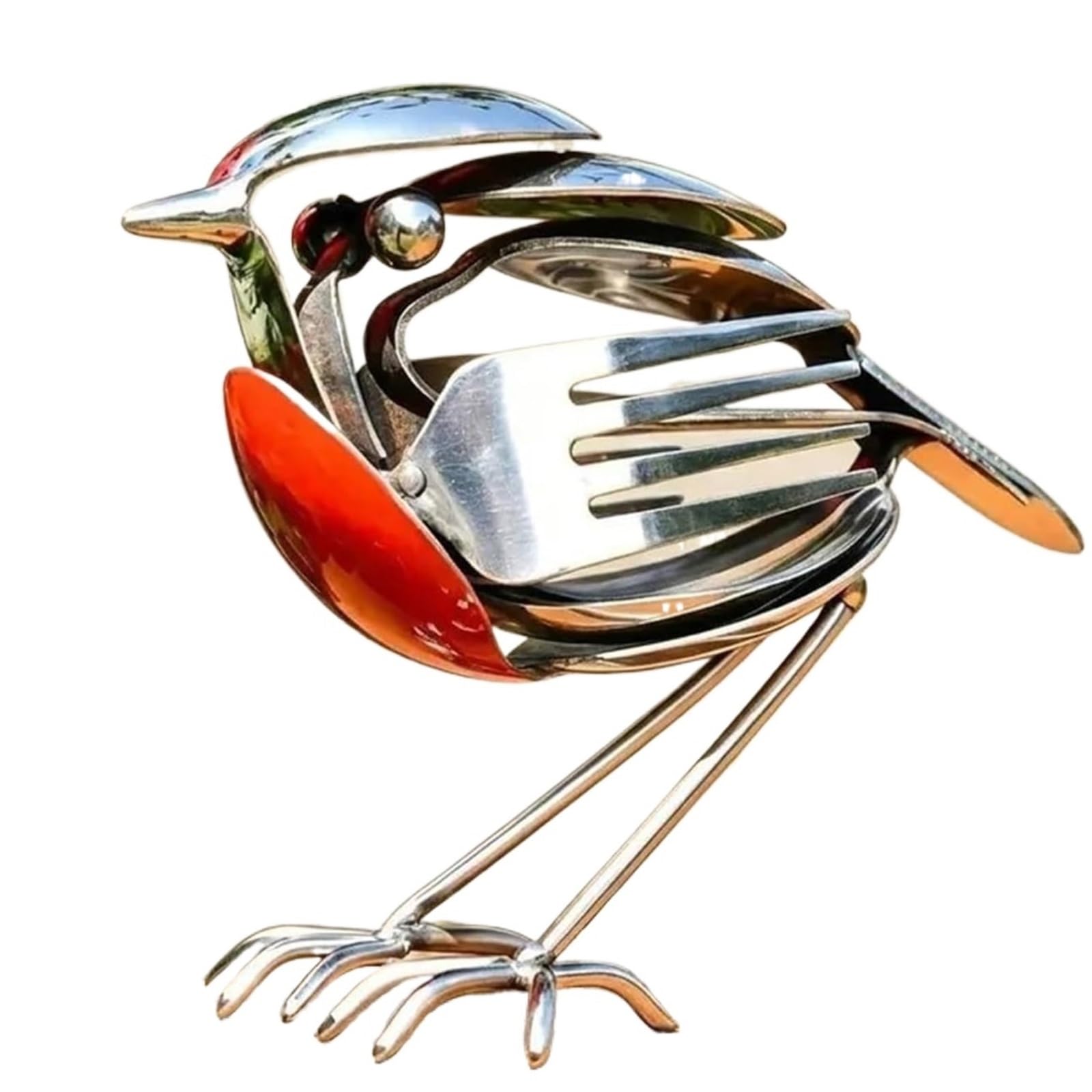 ANQKYO Handcrafted Bird Art from Recycled Utensils Metal Robin Garden Sculpture, Handcrafted Bird Art From Recycled Utensils, Rustic Outdoor Decoration For Home