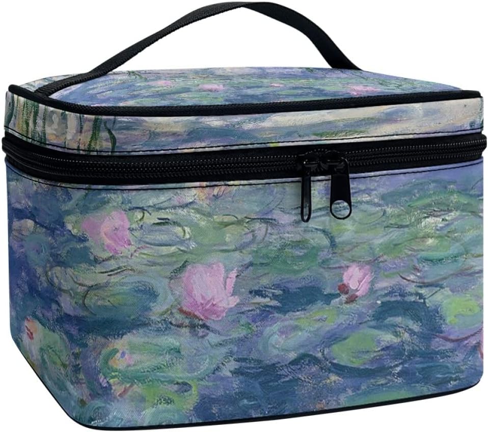ENLACHIC Women Large Makeup Bag Bulk Organizer, Monet Water Lilies Art Print Portable Cosmetic Cases PU Leather Zipper Travel Toiletry Bag