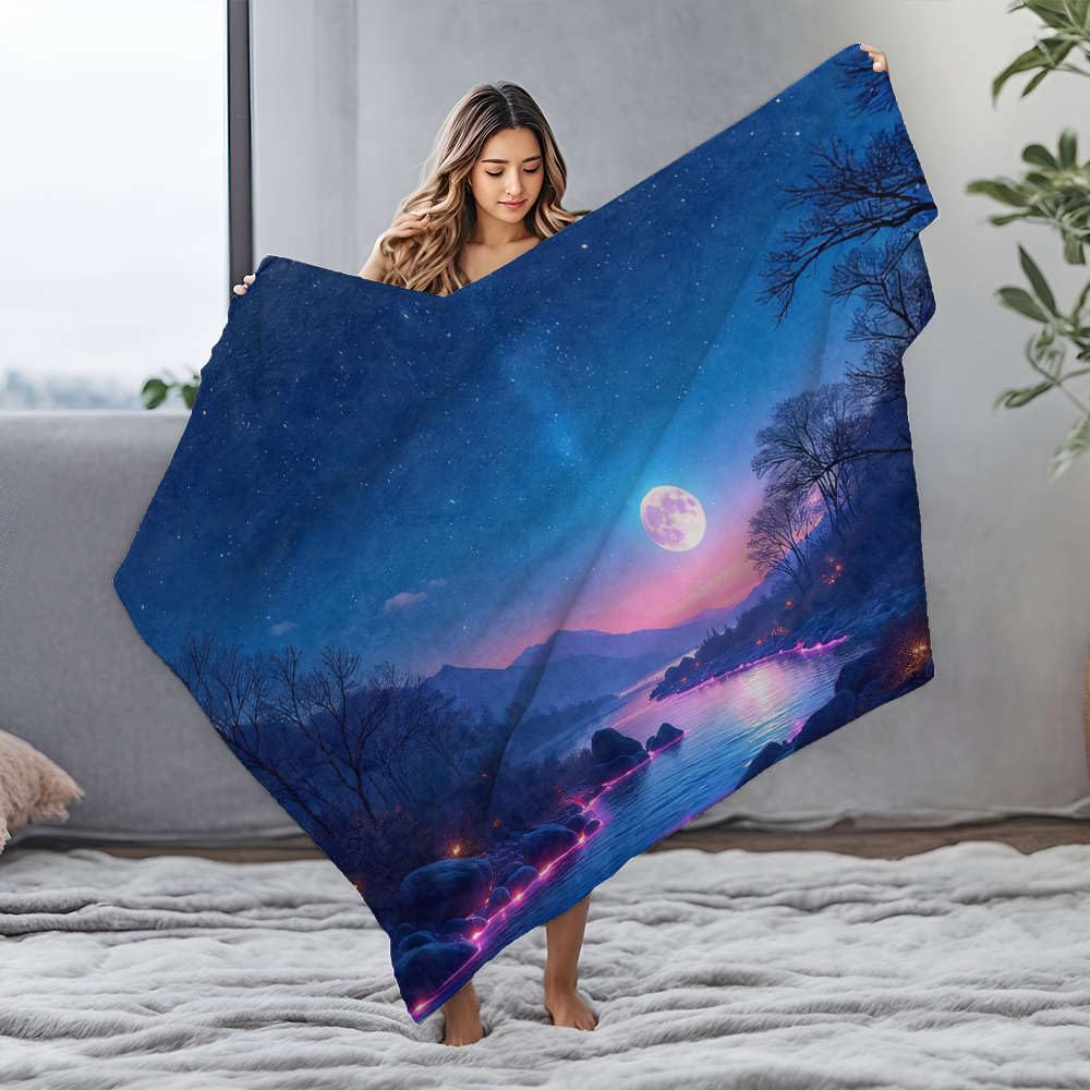 Couverture douce flanelle 150x200 plaid lune nuit jeté de canapé chaud et design