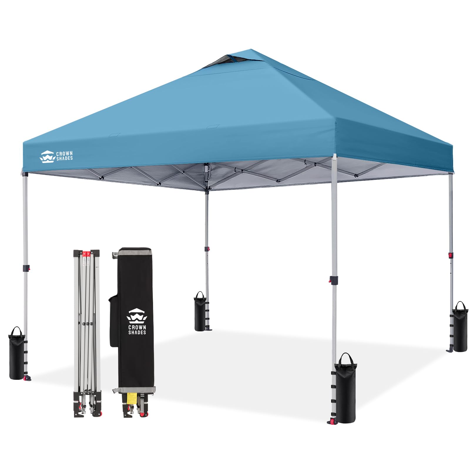 10x10 Pop Up Canopy - Beach Tent with One Push Setup - Easy Outdoor Sun Shade for Events, Parties, Camping - Gazebo with STO-N-Go Cover Bag, Silver Coated Top, Cyan Blue