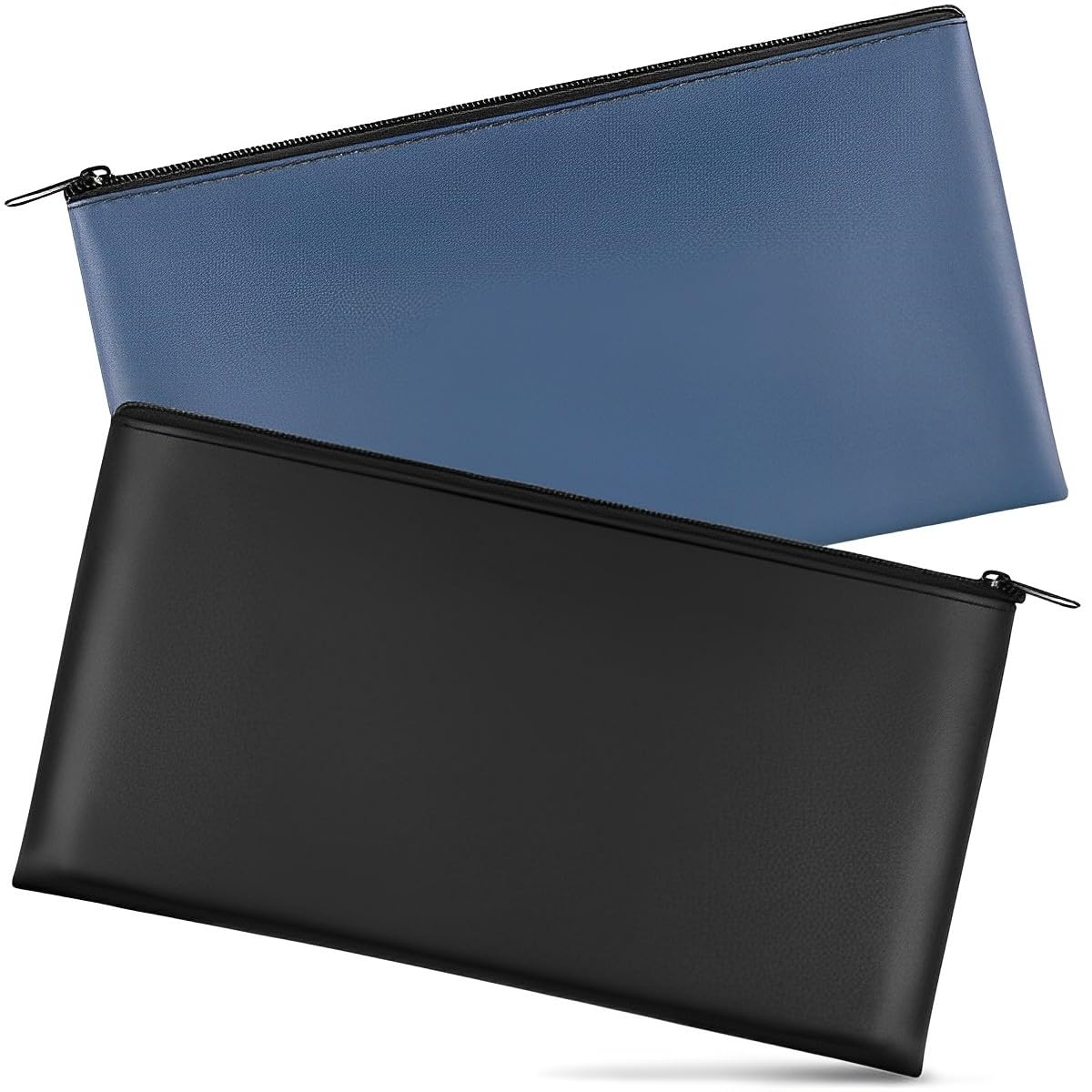 ALMEKAQUZ2Pcs WaterProof Money Bags With Zipper, 11 x 6.1 inch Money Pouch, PU Leather Money Bag, Cash Bag, Check Wallet, Suitable for A5 Documents, Bank Inventory, Passport (Black Blue)