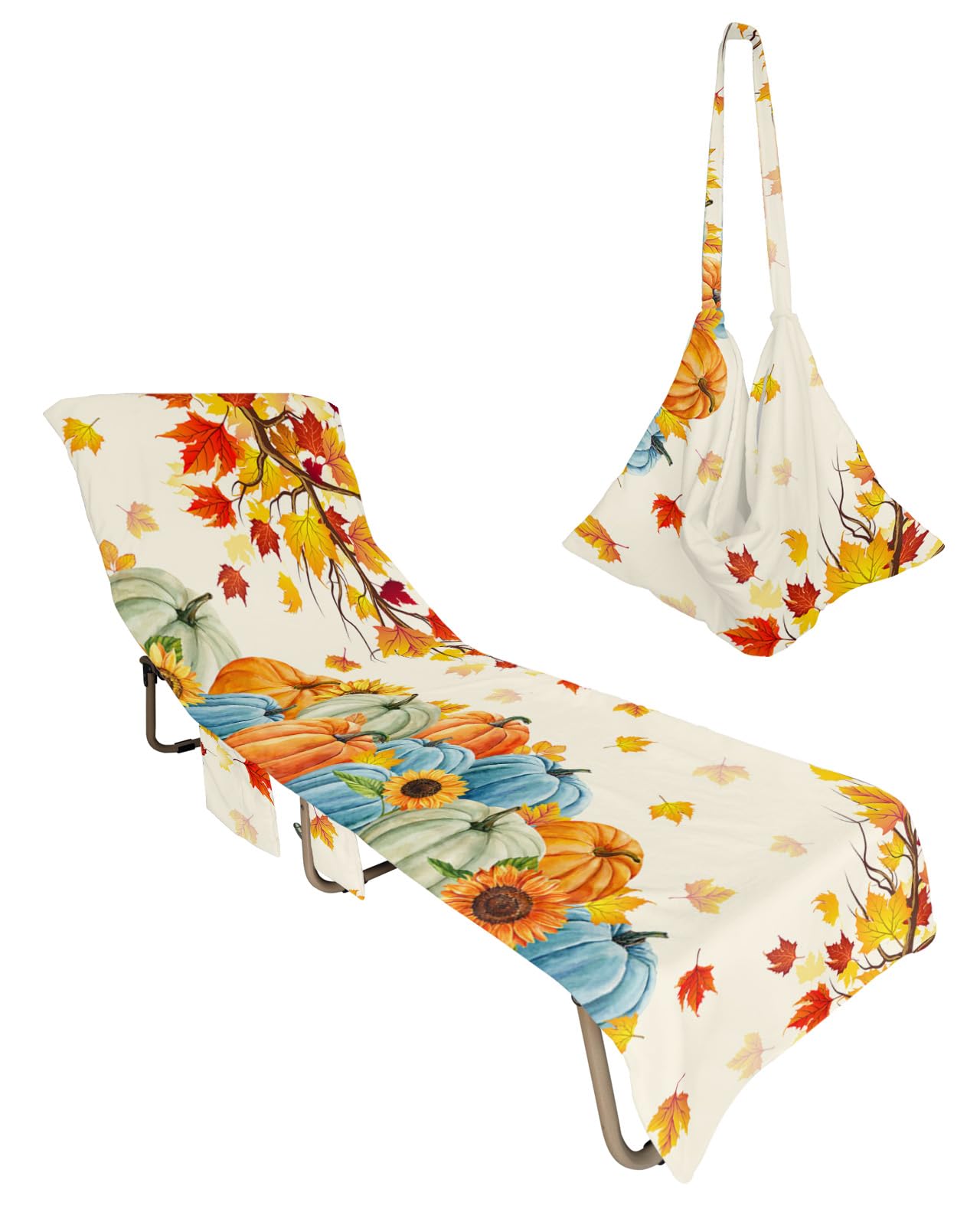 Thanksgiving Fall Beach Chair Towel Covers for Chaise Lounge with Side Pocket, Soft Plush Pool Towels Cover for Patio Sunbathing Outdoor 29''x85'' Pumpkin Autumn Maple Leaves