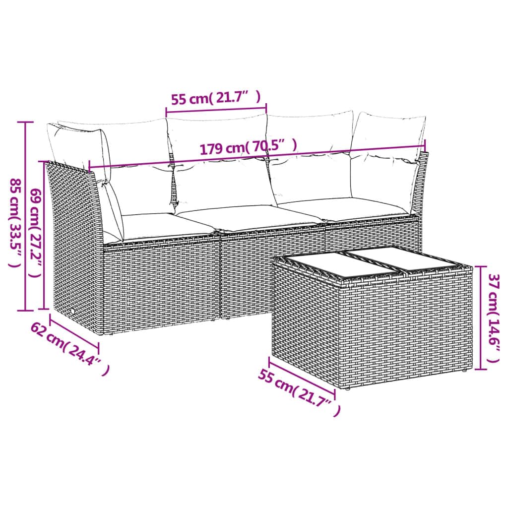 Zestaw Sofas Garden 4 szt. Rattan PE czarny z poduszkami | Wodoodporna torba do przechowywania, stół ze szkła hartowanego, zmywalne pokrowce, modułowa konstrukcja