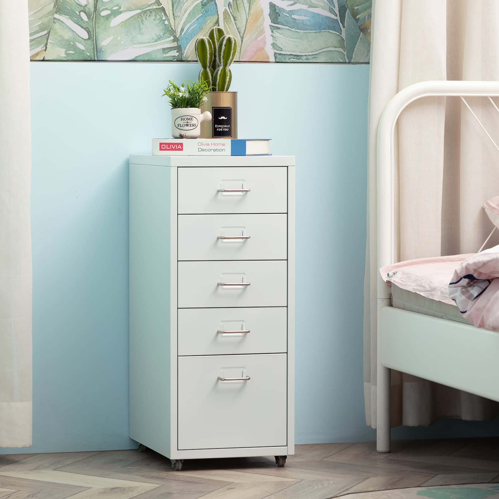HollyHOME Caisson Métallique à 5 Tiroirs, Organisateur de Classement Roulant pour Bureau, Meuble de Rangement Moderne avec roulettes pour Maison et Bureau, Blanc
