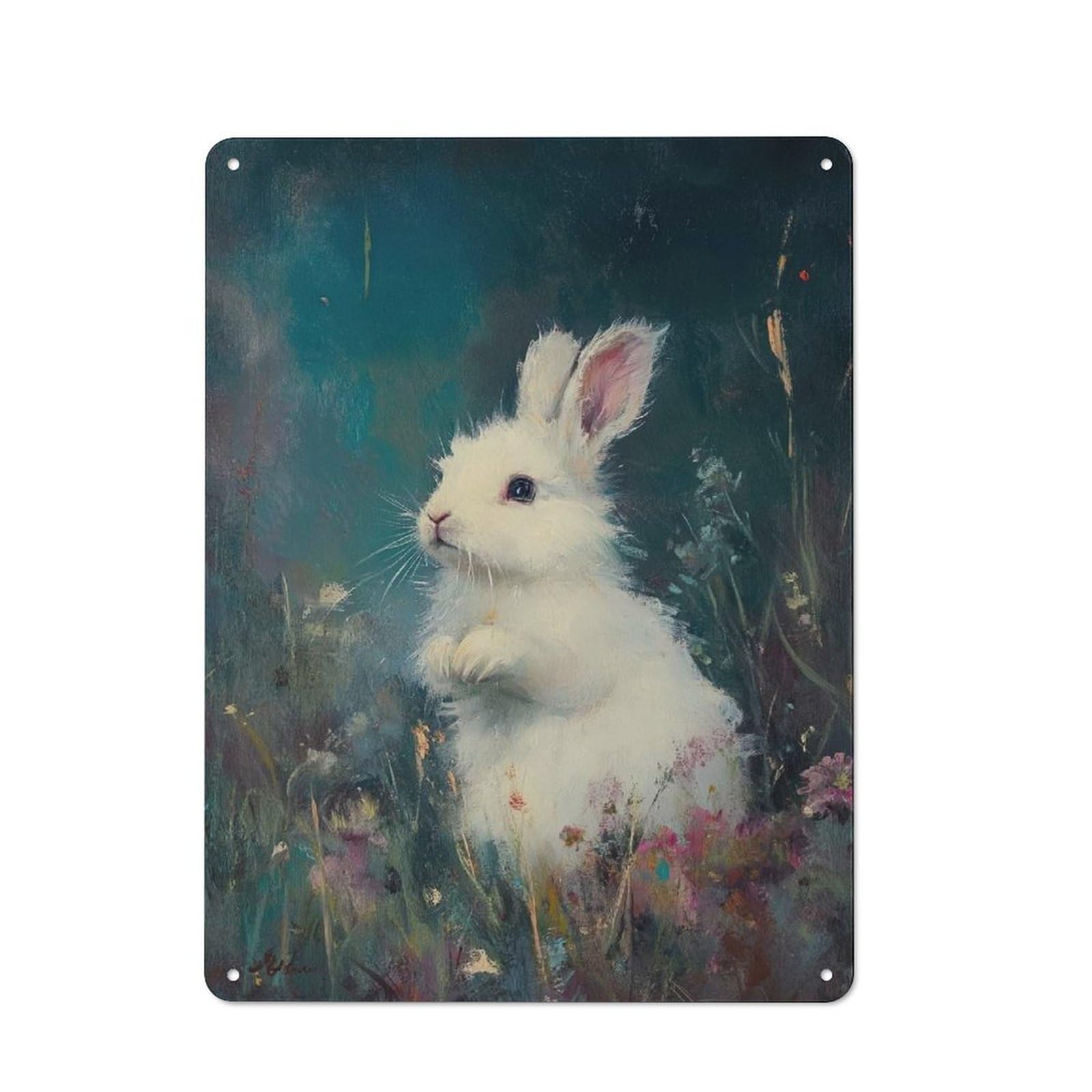 Junmoney Cute White Rabbit For Hobby Room Or Studio, Rustic Metal Sign 40X30cm, For Creative Interior Collectors Refreshing A Room In Autumn