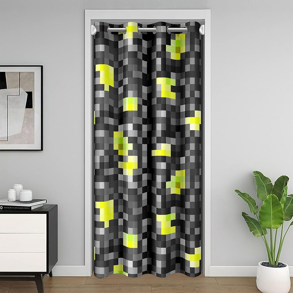 Rideau de porte géométrique jaune gris 106x213 cm style vintage abstrait