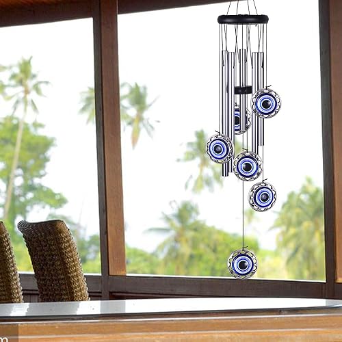 Miniatura 5 de Campanillas de viento azules de ojo turco para decoración colgante al aire libre, atrapavientos de bendición de mal de ojo, campanas de viento de