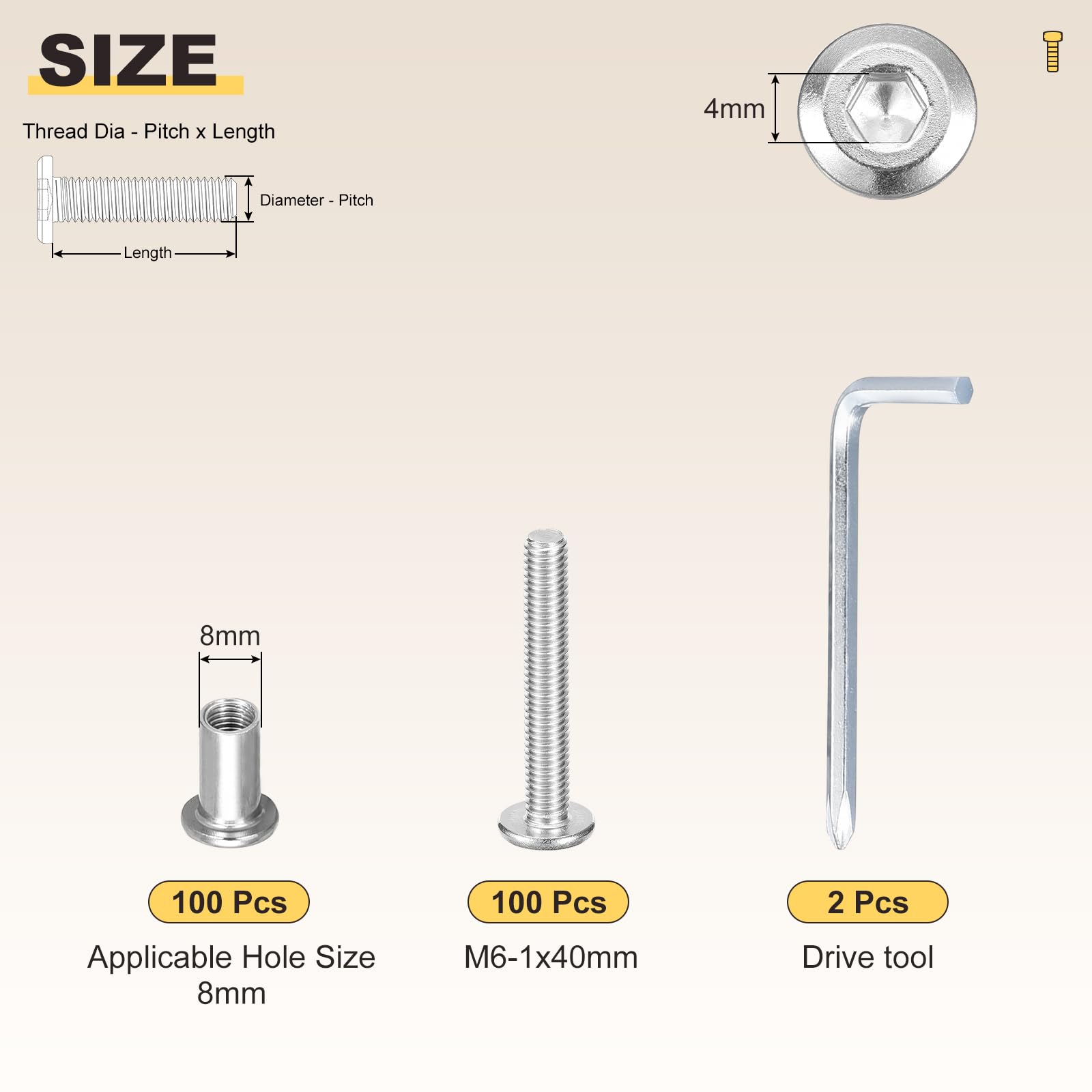 METALLIXITY Furniture Connector Bolt Cap Nut Kit with Wrench(M6-1x40mm) 200Pcs - Image 2