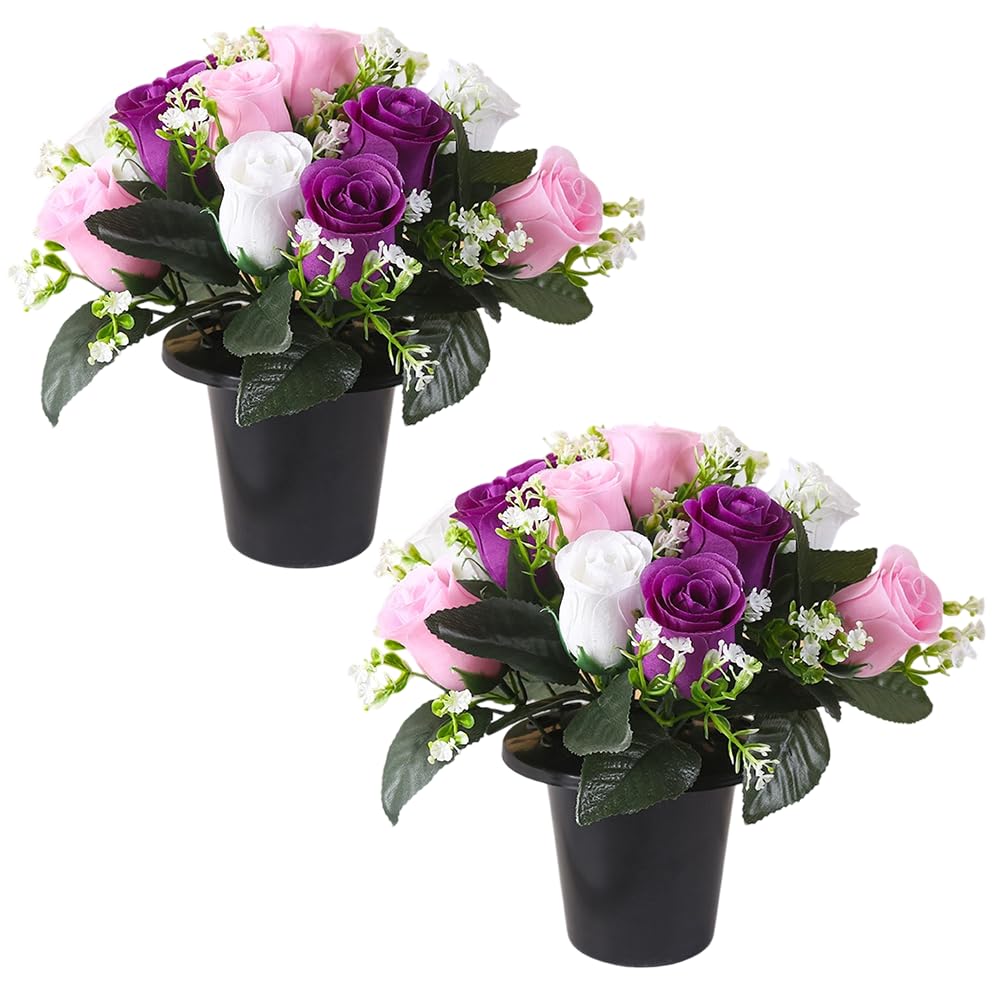 Rppiup Artificial Flowers for Graves, 2Pcs Purple & White Funeral Flowers, Memorial Floral Decorative Artificial Grave Flower Pots with Fake Bouquet, Rose Buds Cemetery Flowers for Memorial Christmas