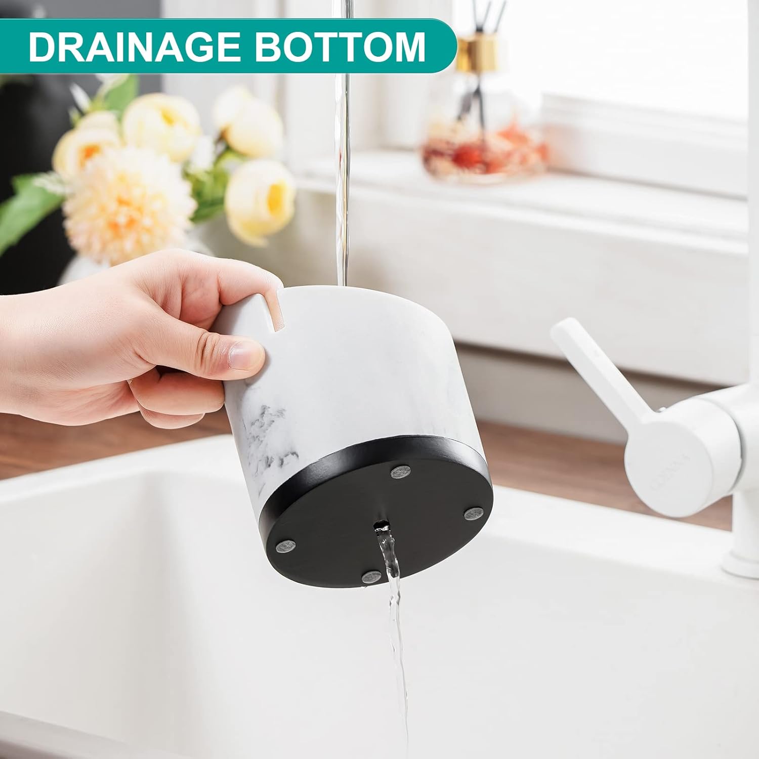 VITVITI Toothbrush Holders for Bathrooms, Tooth Brush/Toothpaste Holder Storage, Marble Look Bathroom Organizer Countertop for Sink/Vanity, Round Bathroom Accessories, White Resin with Bamboo