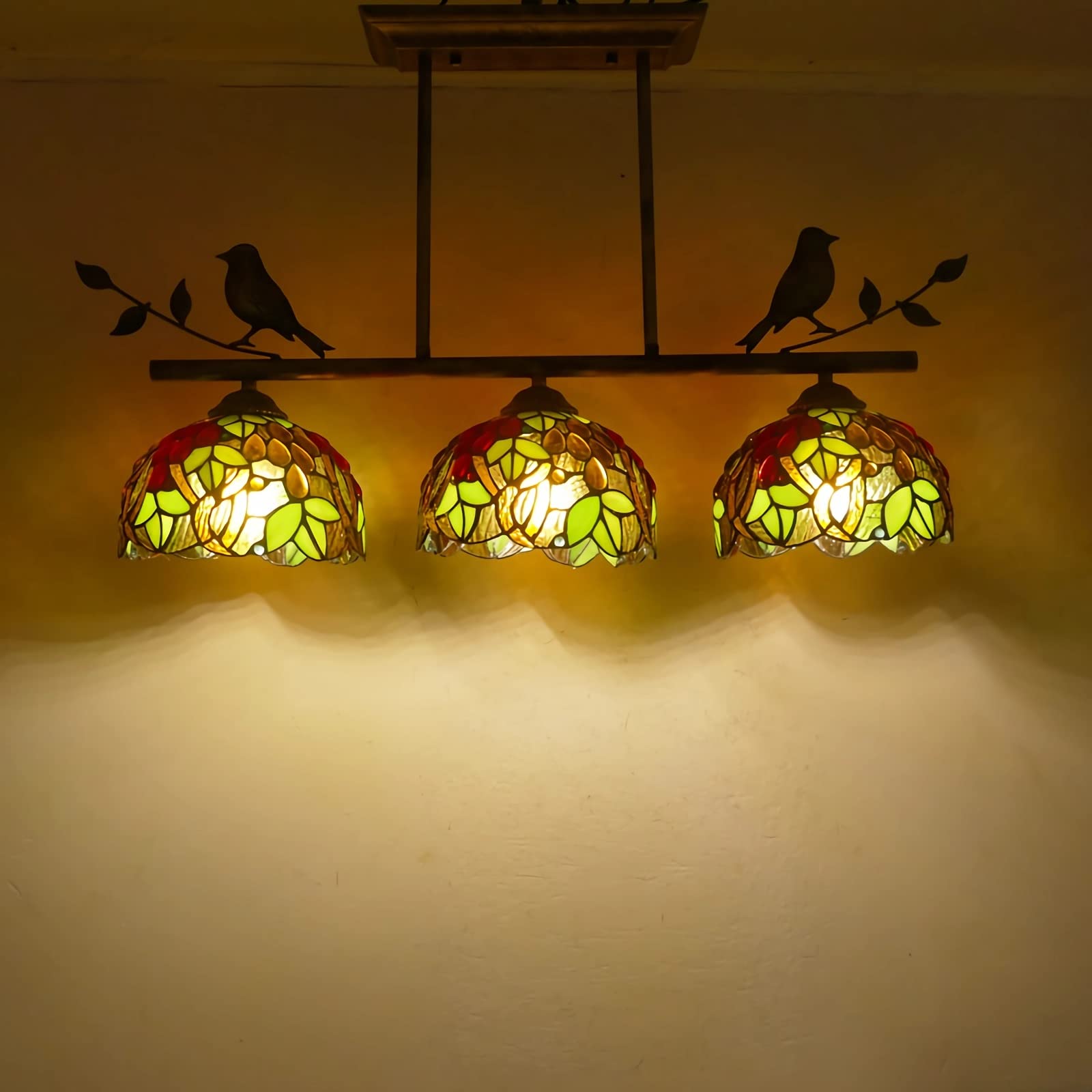 Lampadari in stile Tiffany, 3 luci, uccello in resina, lampada a sospensione a soffitto in vetro colorato in stile vittoriano per soggiorno, camera da letto, sala da pranzo, cucina