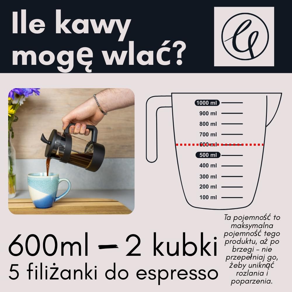 Café Olé Style Kawiarka, czarna, 600 ml / 2–3 kubki / 5 filiżanek do espresso, zaparzacz do kawy typu French Press, filtr z siatki ze stali nierdzewnej, korpus szklany