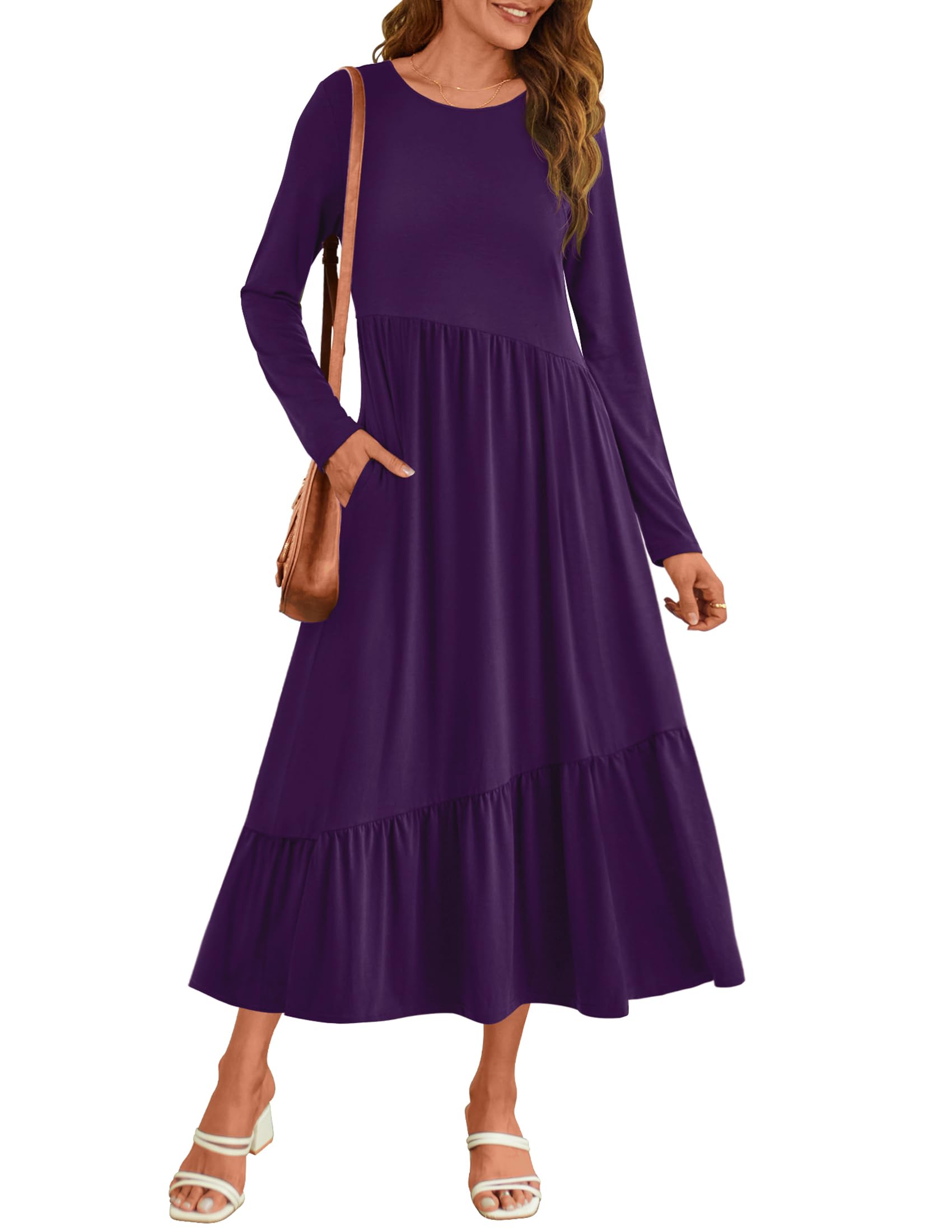 HAEOFWomen's 2024 Long Sleeve Crewneck Midi Dress Pleated Tiered A Line Flowy Spring Fall Casual Dress with Pockets