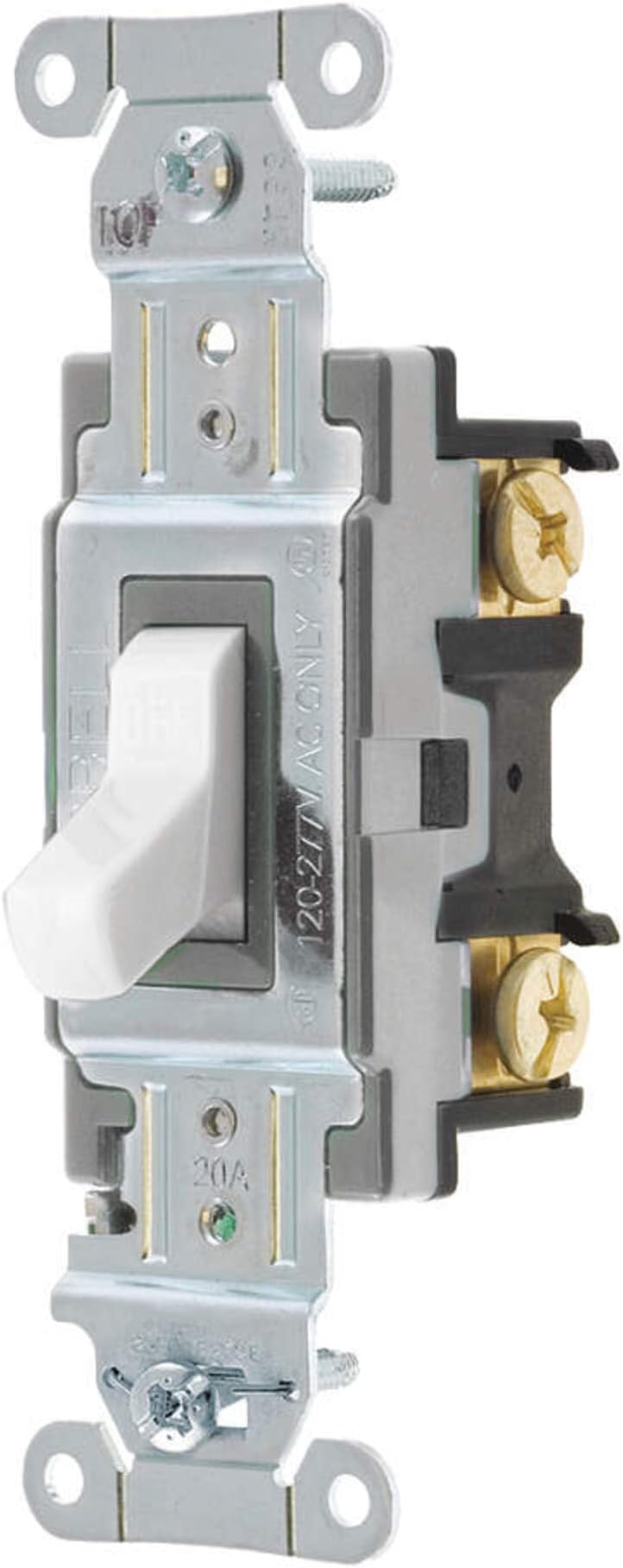 Commercial Grade Toggle Switch, Single Pole, Back & Side Wired, 20 Amp 120/277V AC, Self-Grounding, White