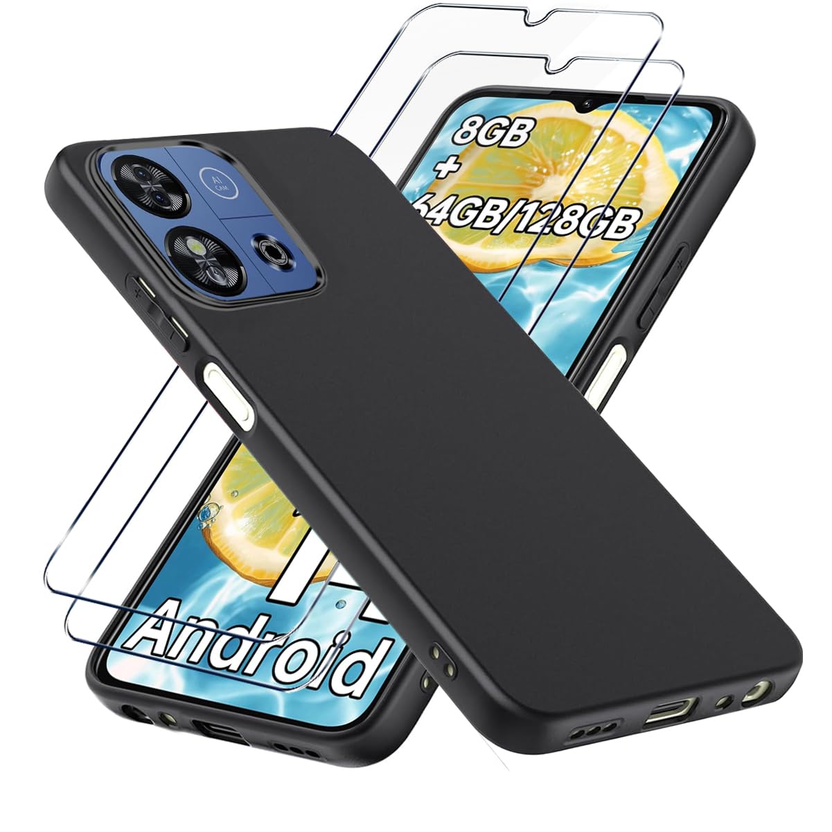 LYZXMY Coque Pour Oukitel C57 Pro/Oukitel C57s(6.52") Noir Housse 3 X Verre Trempé Protection écran, Souple Silicone Étui Protection Bumper TPU Téléphone Case Cover