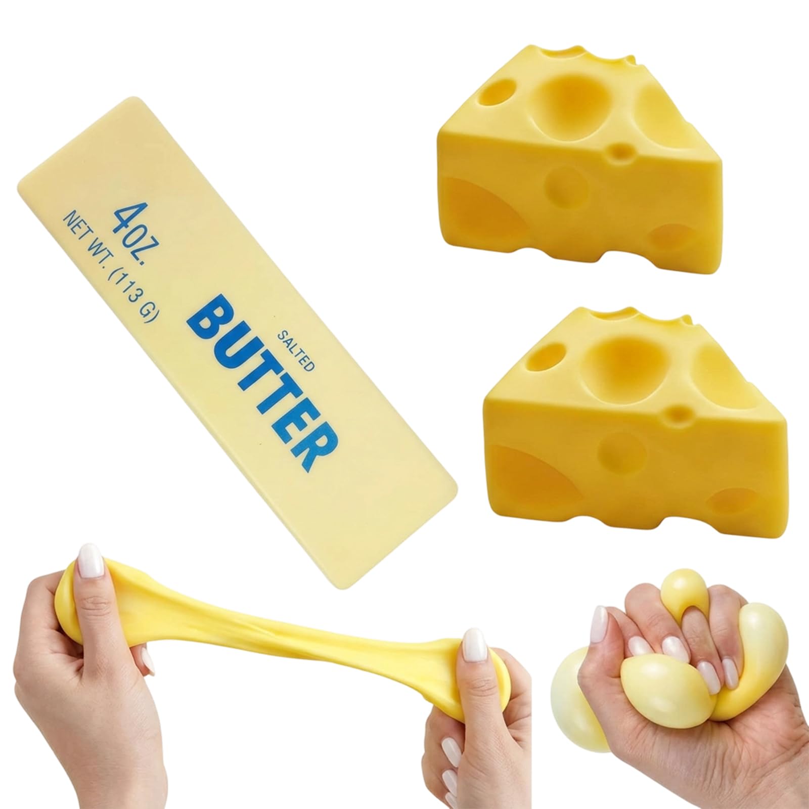3 PCS Butter Squishy and Cheese Squishy Set, Squishies Stress Relief, Anxiety Relief Fidget Replica Sensory for Adults, Cheese Stress Stick for Office, School & Travel