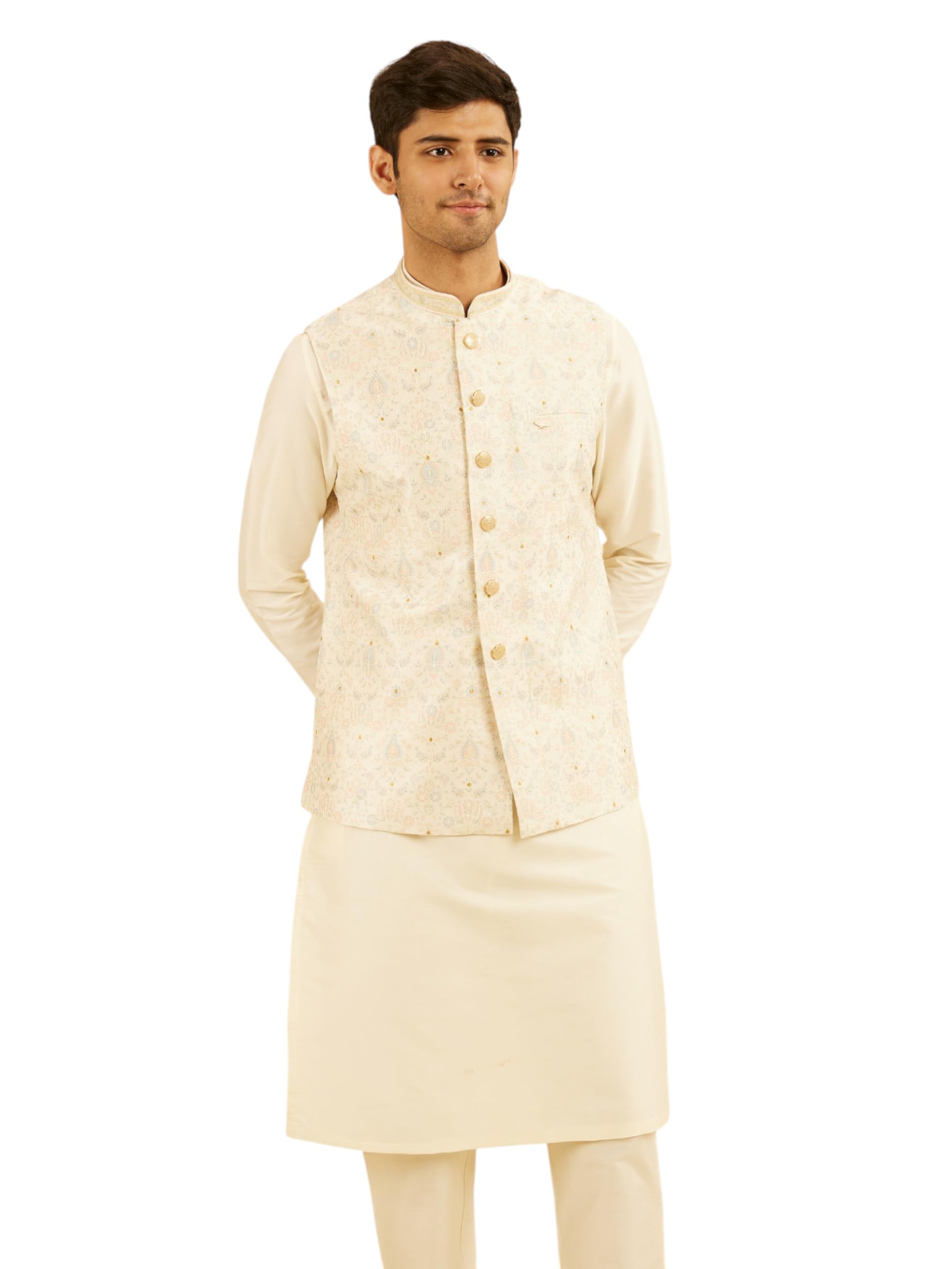 manyavar Men's Art Silk Printed & Chikan Embroidery Nehru Jacket (1pc)-picture-16