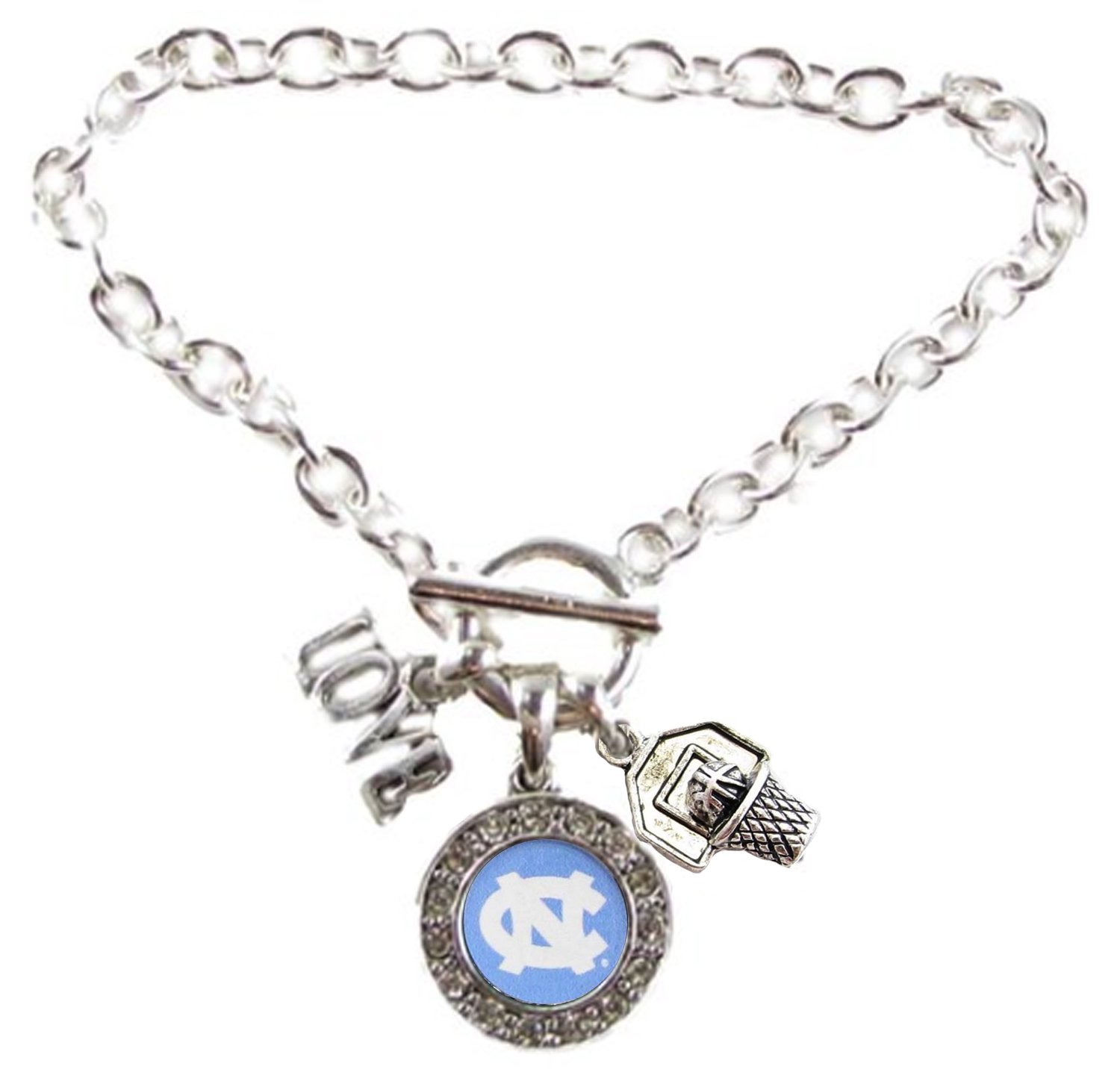 Sports Accessory Store North Carolina Tar Heels Blue Multi Charm Love Basketball Silver Bracelet Jewelry UNC