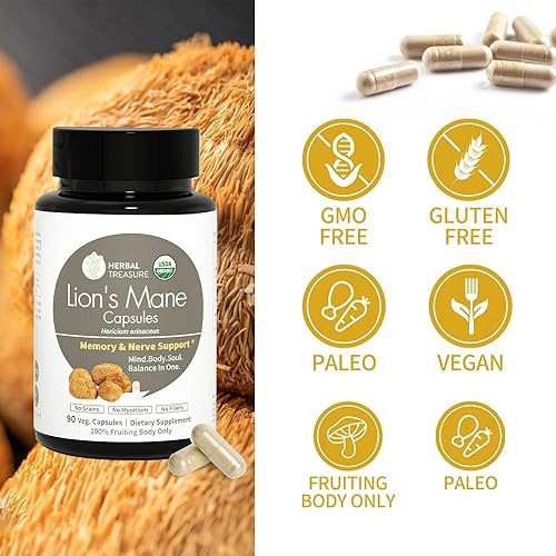 Miniatura 4 de Herbal Treasure Lions - Cápsulas de suplemento de melena de leones, hechas con polvo de melena de león orgánico para claridad mental y suplementos