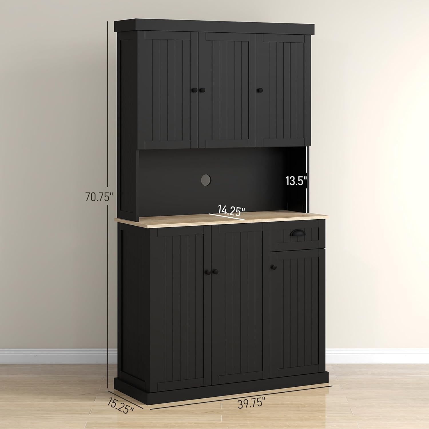 71" Black Modern Farmhouse Kitchen Pantry Storage Cabinet with Hutch