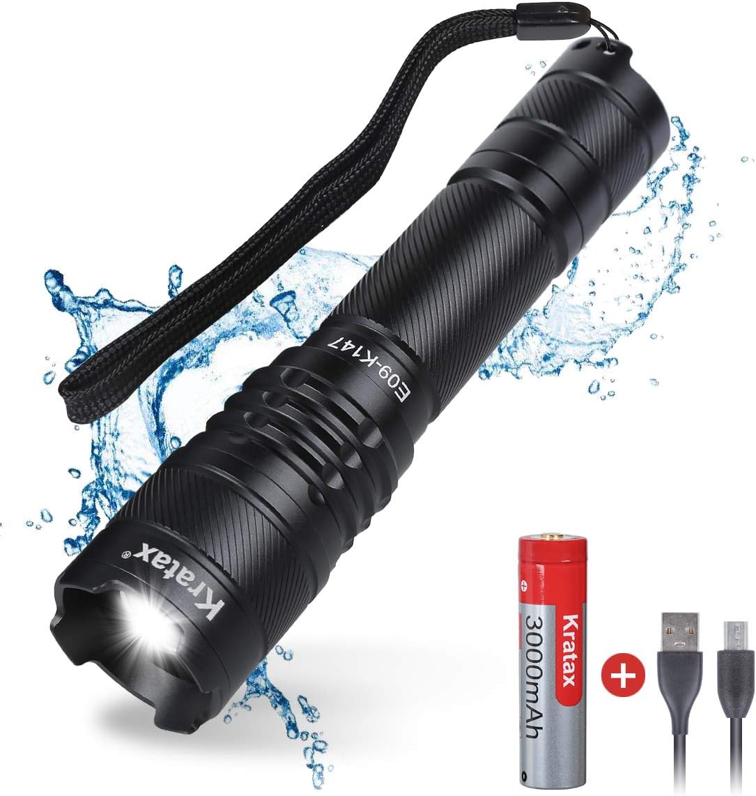 Kratax Super Bright Handheld Tactical Zoomable LED Torch,835 Lumens LED Flashlight,5 Light Modes Torches Waterproof and Shockproof,for Outdoor Camping(3000mah Rechargeable Battery Included) [Energy Class A+]