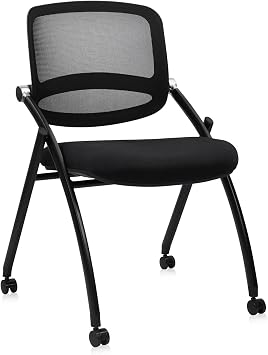 CLATINA Stackable Foldable Conference Room Chairs with Wheels and Lumbar Support, Portable Padded Ergonomic Mesh Back, Breathable Seat, Office Chair for Reception, Training, Home Office, Black, 1PK