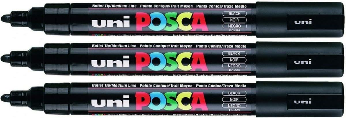 Uni Posca PC-5M Black Colour Paint Marker Pens 2.5mm Medium Bullet Tip Nib Writes On Any Surface Glass Metal Wood Plastic Fabric (Pack Of 3)