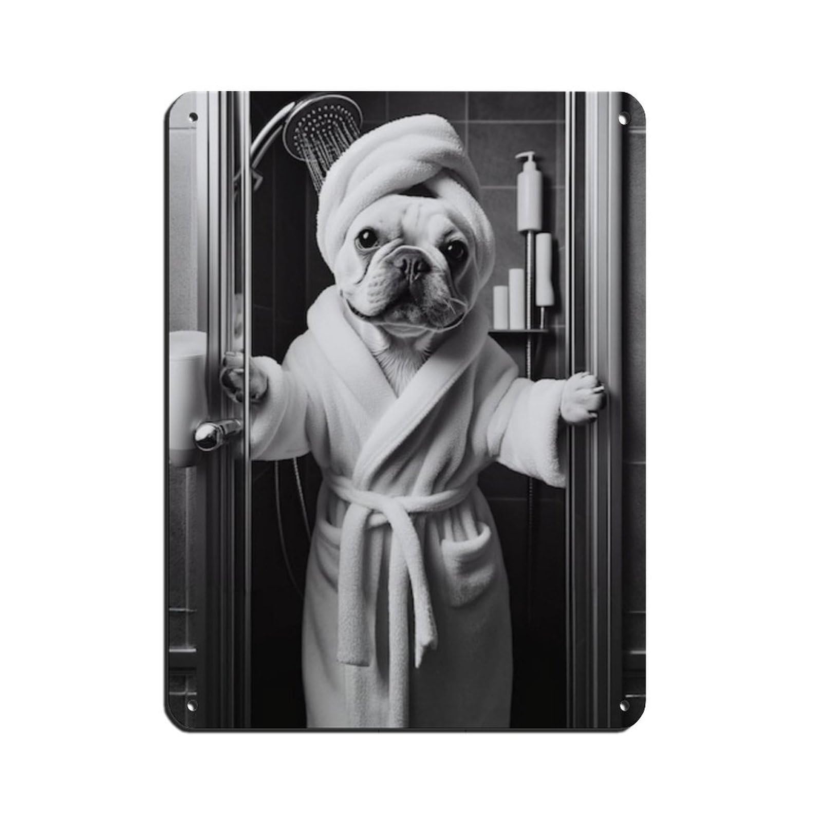 French Bulldog Bathroom Art Poster Tin Sign Vintage Metal Pub Club Cafe Bar Home Wall Art Decoration Poster Retro 12x16inch(30x40cm)