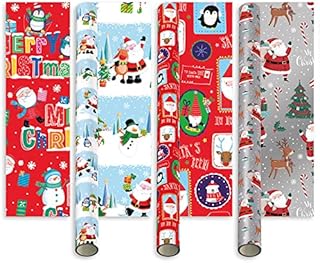 Pack of 4 x 4M Cute Christmas Santa and Friends Wrapping Paper roll -Perfect for Christmas, Festival and Festive Decoration