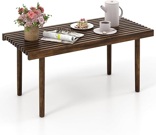 Tangkula Mesa de centro de madera, mesa de cóctel de madera de acacia de granja con mesa de listones para sala de estar, mesa de té central