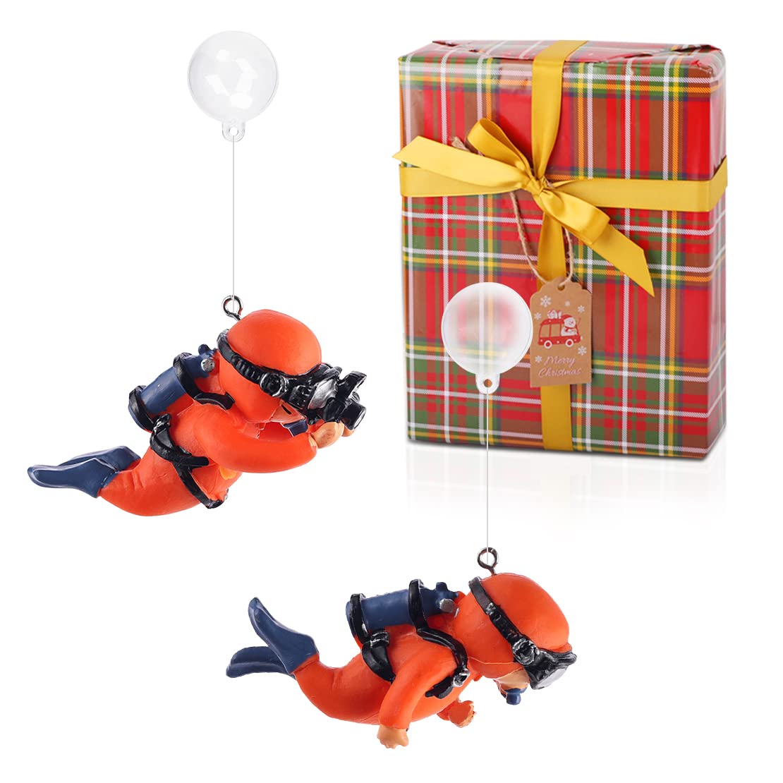 Voyyphixa Gift Wrapped 2 Pack Fish Tank Decorations, Aquarium Ornaments Diver with Floating Device Aquarium Accessories Fishes Pet Toys for Freshwater Saltwater Aquarium (2Pcs Orange G)