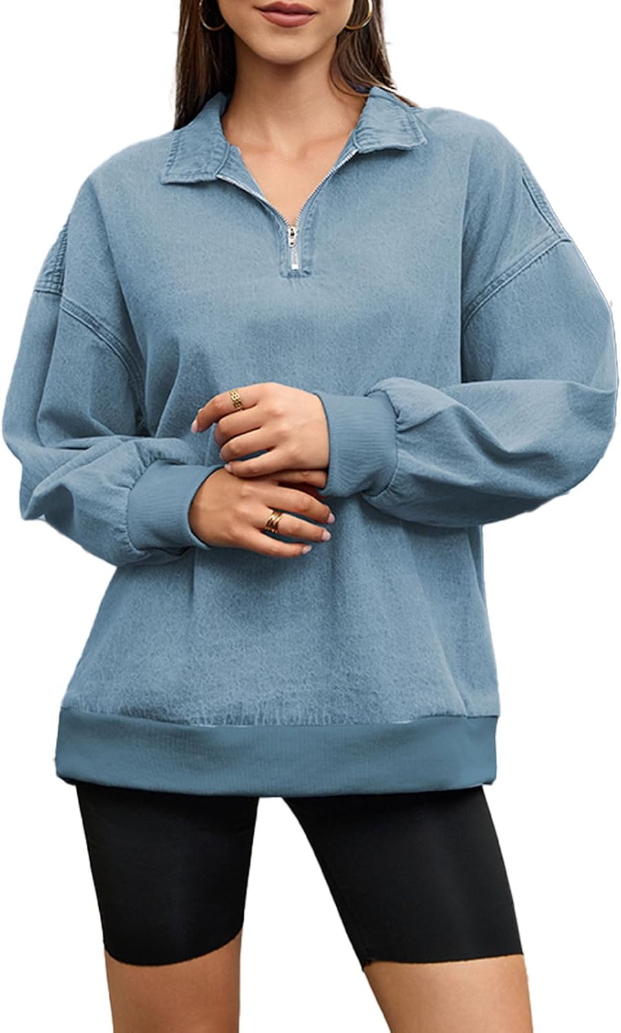 Women's Half Zip Denim Sweatshirts Fashion Long Sleeve Shirt Jean Pullover Hoodies - Image 4