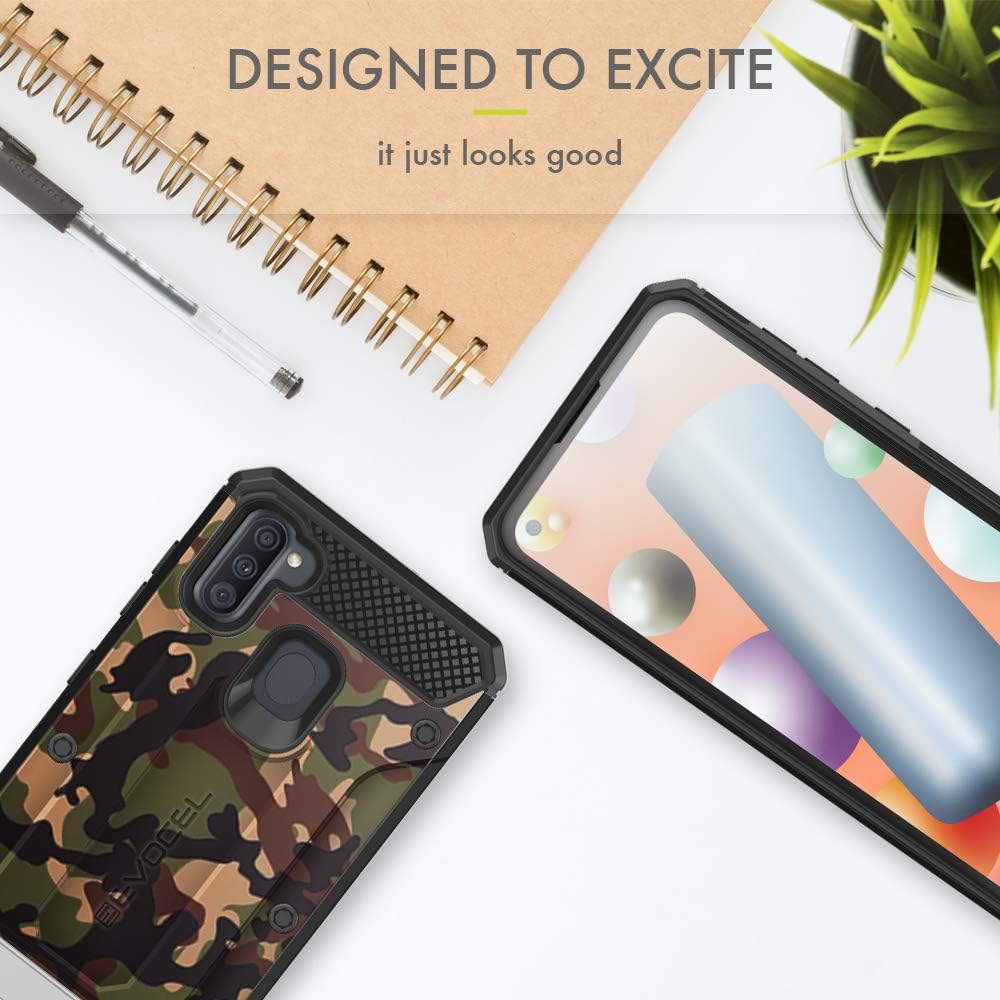 Evocel Galaxy A11 Explorer Series Pro with Glass Screen Protector and Belt Clip Holster for The Samsung Galaxy A11, Camouflage