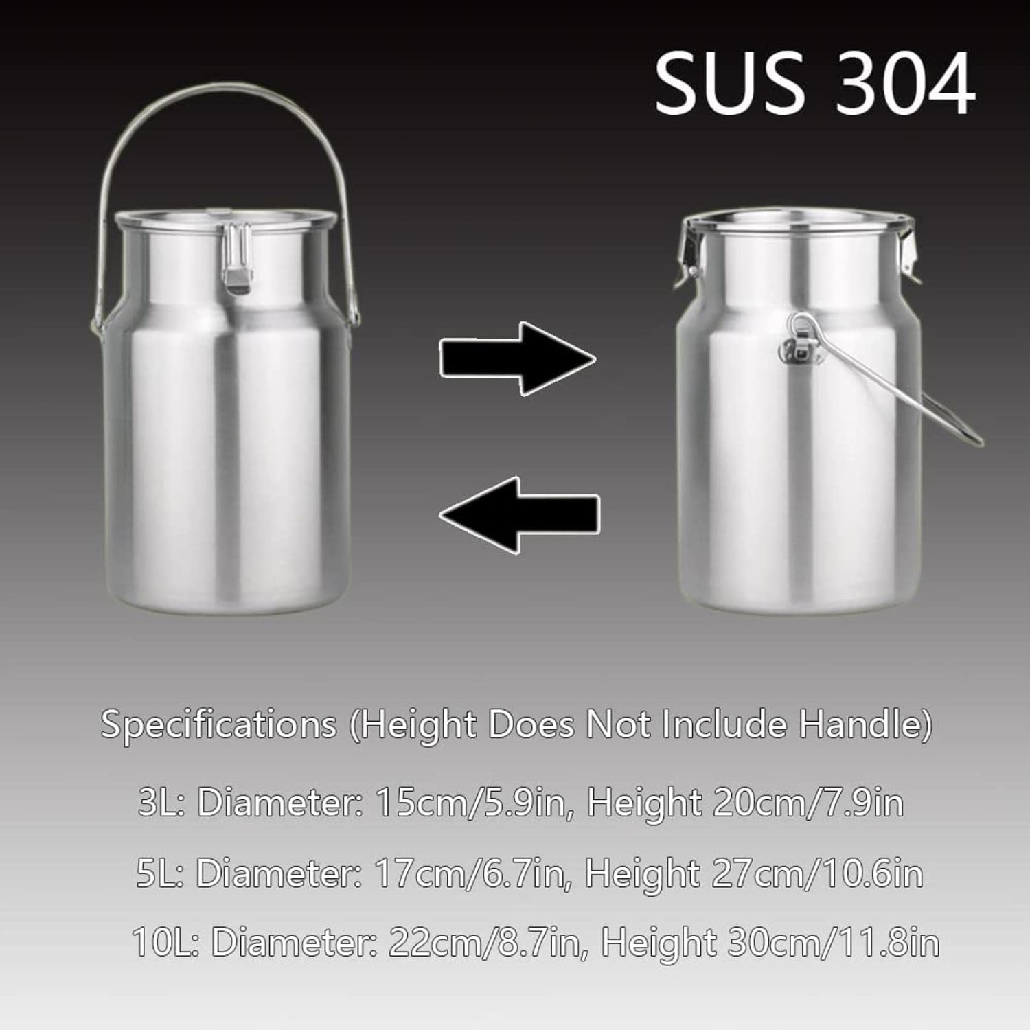 304 Stainless Steel Milk Can Milk Transport Bucket Wine Pail Oil Barrel Tea Canister Tote Jug with Sealed Lid, Single Handle and 3 Lock Buckle for Liquid Storage,3L