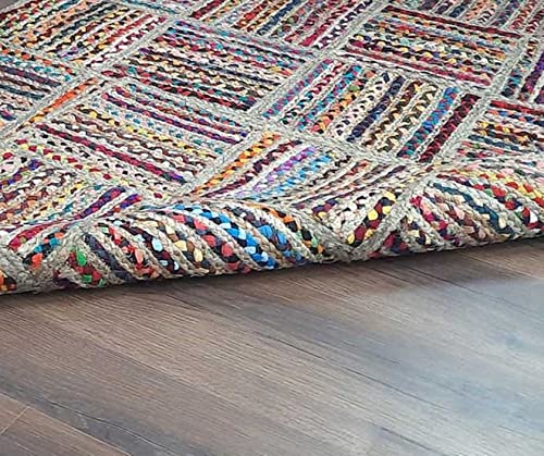 Image of Handmade Natural Jute Cotton Natural Fibers Floor /Door Mat Rugs Furnish Decor Striped Rectangular Design Carpet for Bedroom Living Room (JUTE0013, 6x8-Rug /Carpet)