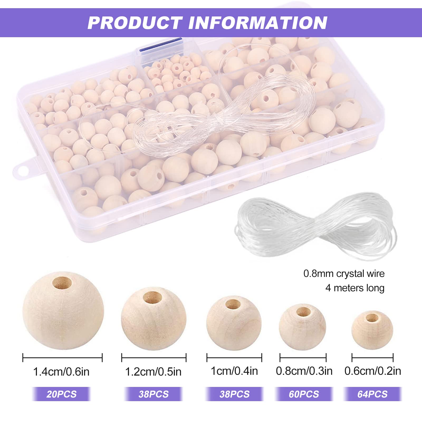 Wooden Beads for Crafting 220 Pcs Wooden Round Craft Beads Balls with Hole 6-14mm Small Wood Bead for Crafts Jewellery Bracelet Making - Image 2